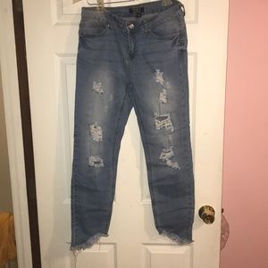 UNIQUE SLANTED ANKLE CUT OFF HIGH WAISTED JEANS!!!